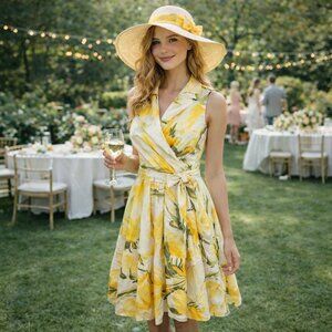 Lemon Yellow Floral Sleeveless Faux Wrap Dress Size 12 Feminine Cottagecore Chic